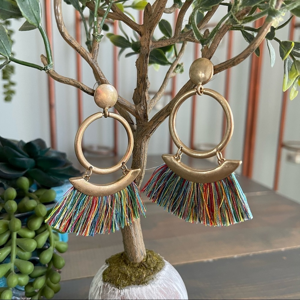 Bohemian Tassel Dangle Drop Earrings Gold and Multicolored Fringe